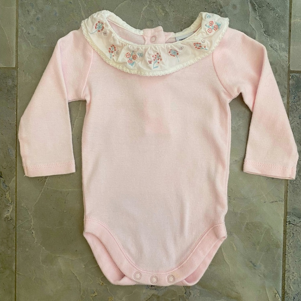 Janie and Jack Newborn Long Sleeve Pink Bodysuit with Embroidered Flower Collar